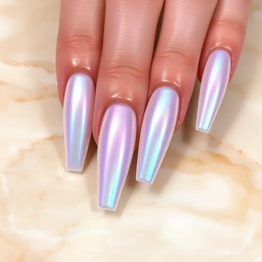 Iridescent pearl chrome coffin nails on marble