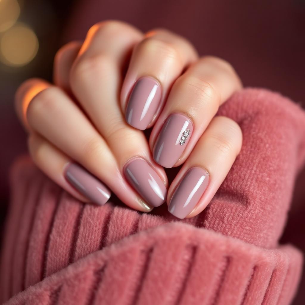 Dusty mauve gel manicure with rhinestone accent