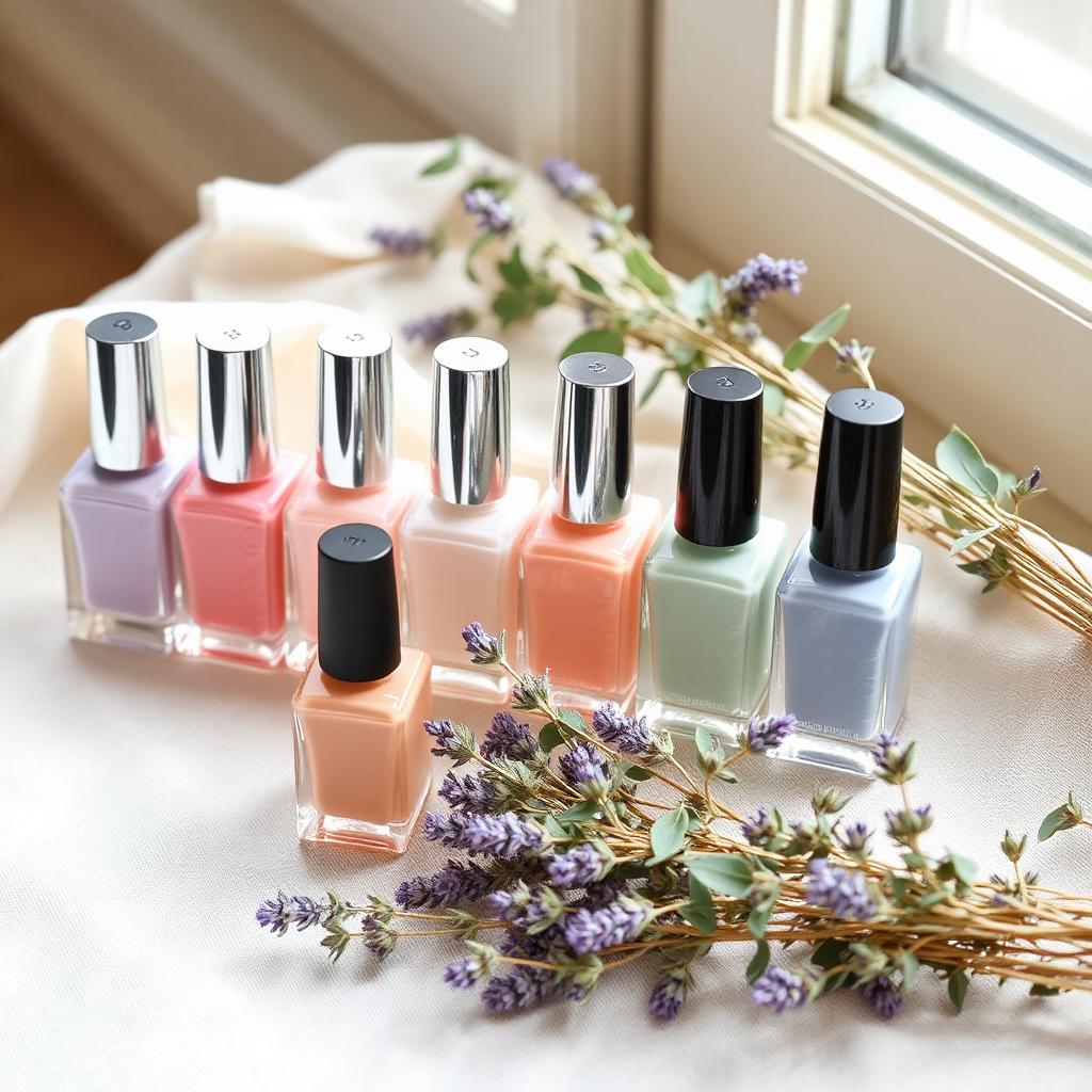 Pastel nail polish bottles with dried lavender