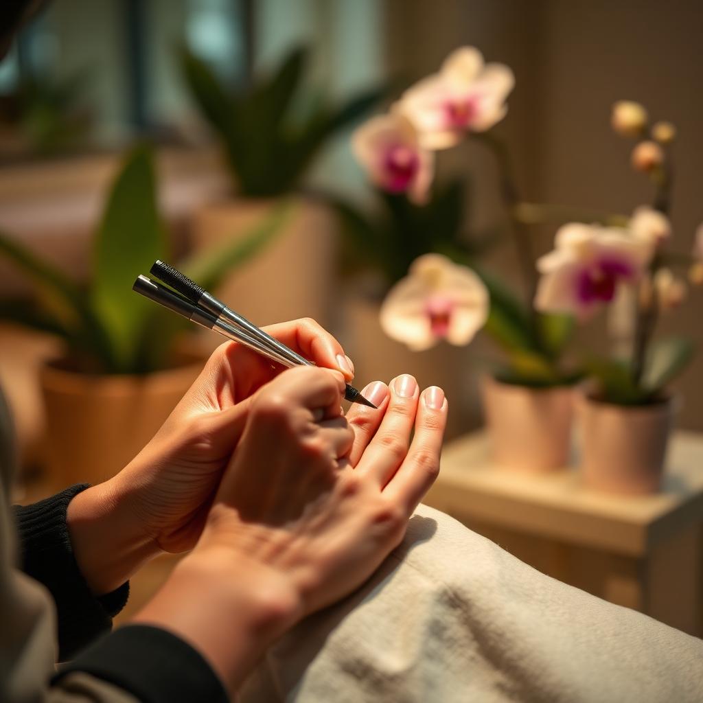Manicurist painting nails in tranquil salon light