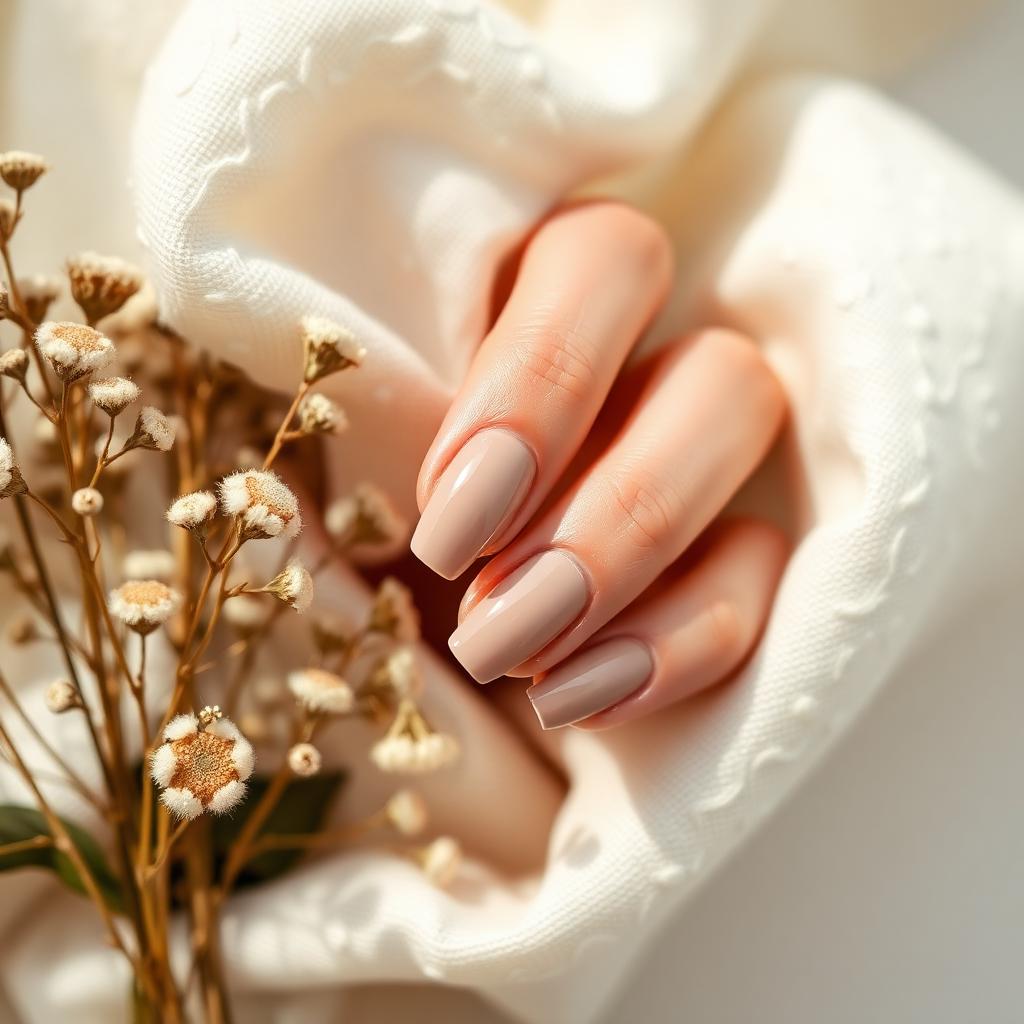 Nude manicure with delicate dried florals