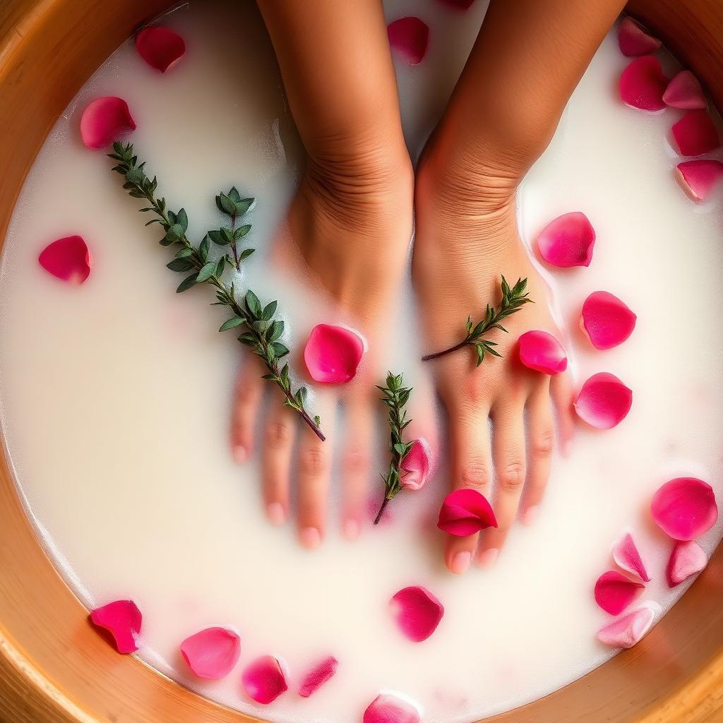 Milk bath soak with rose petals and thyme