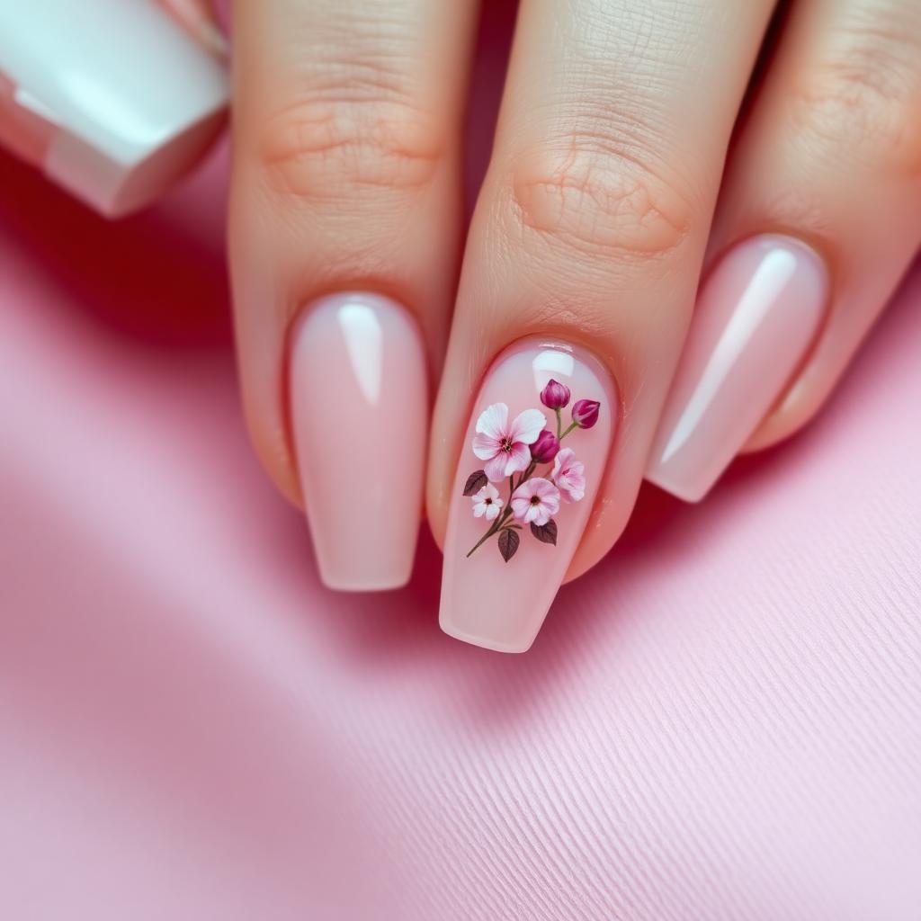 Delicate floral gel nail art on soft blush