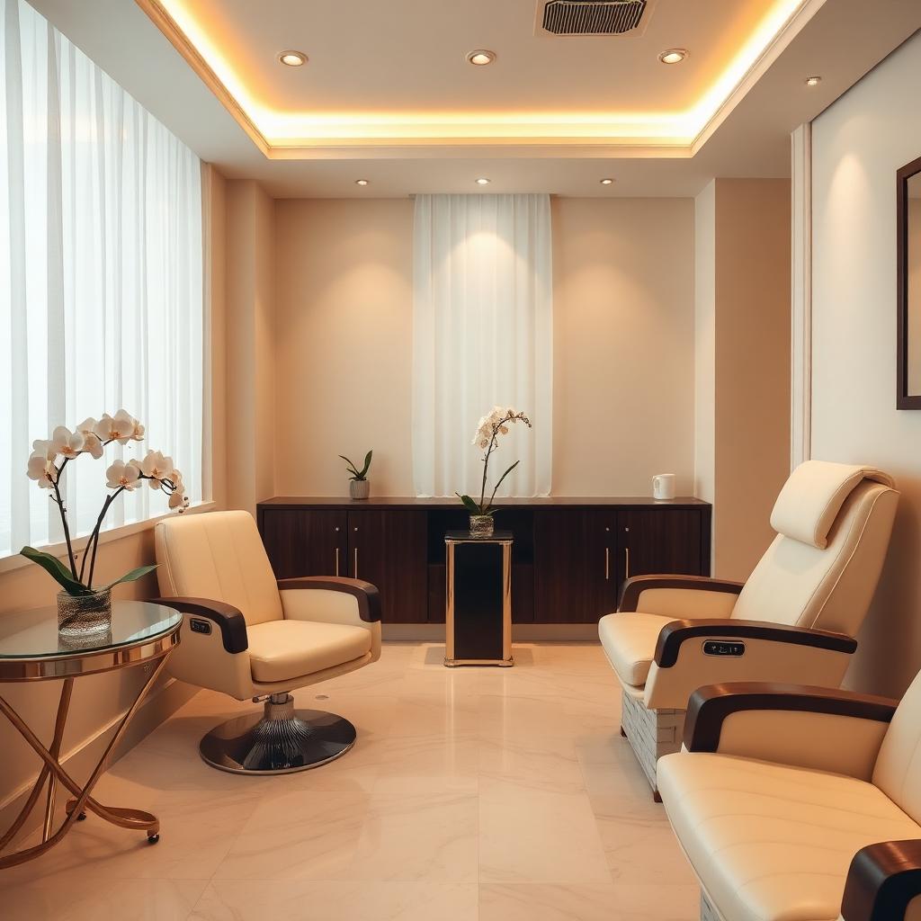 Serene salon interior with warm neutrals and orchids